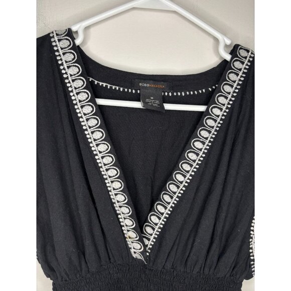 BCBGMAXAZRIA V-Neck Top Womens M Black Embroidered Flowy Cinched Floral - Picture 4 of 7
